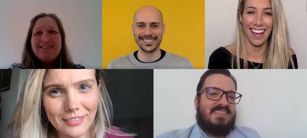 Mídia da F.biz - Da esquerda para direita, Daniele Barbieri, Eduardo Couto, Gabriela Amato, Carolina Buzetto (abaixo) e Marcelo Carvalhaes.