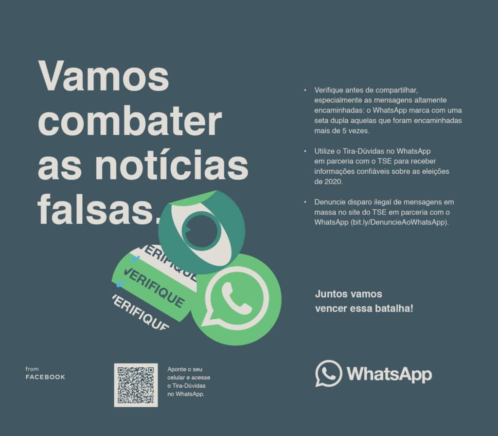 WhatsApp lança campanha de combate a notícias falsas durante as eleições municipais 2020.
