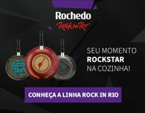 Rochedo cria uma nova linha oficial de frigideiras celebrando sua parceria com o Rock in Rio, com personalização em homenagem ao evento