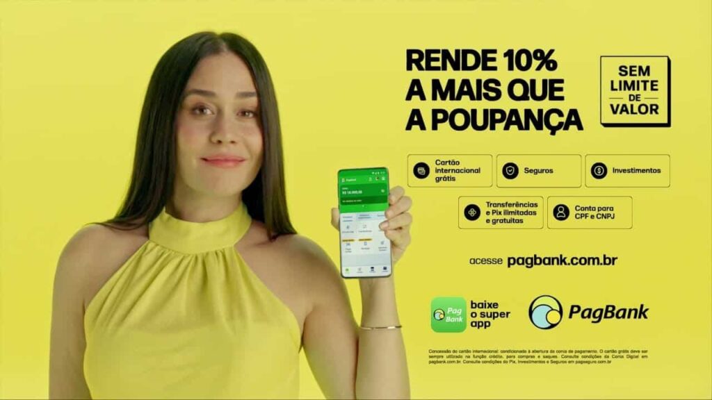 O PagBank PagSeguro apresenta campanha publicitária da Conta Rendeira PagBank. O produto oferece benefícios de rendimento garantido.