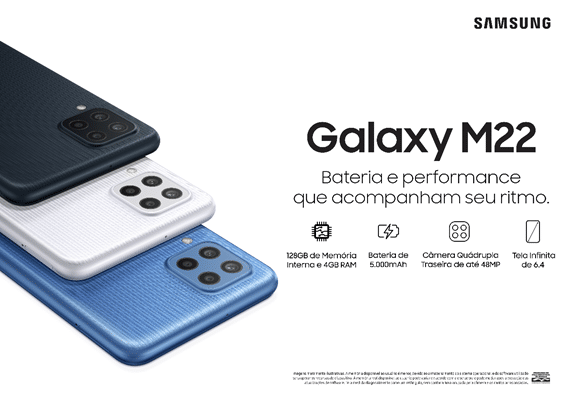 A Samsung lançou o Galaxy M22 no mercado brasileiro, que conta com bateria de longa duração e processador de alto desempenho.