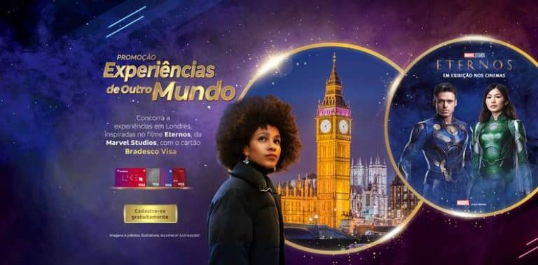 Bradesco e Visa colocam no ar campanha para anunciar a promoção "Experiências de Outro Mundo", inspirada no filme Eternos, da Marvel Studios.