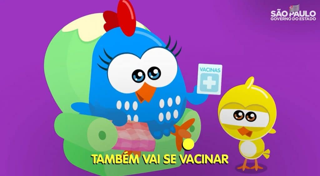 Galinha Pintadinha protagoniza campanha de incentivo para que os pais levem seus filhos aos postos de saúde para se protegerem da Covid-19.