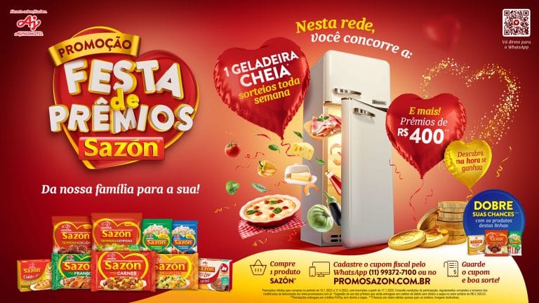 Promoção Festa de Prêmios Sazón sorteia geladeira cheia de compras e vales-brindes.