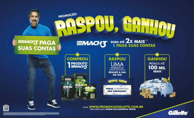A Gillette apresenta a promoção "Raspou, Ganhou" que dá prêmios de até R$ 100.000,00 para o consumidor fazer o que quiser.