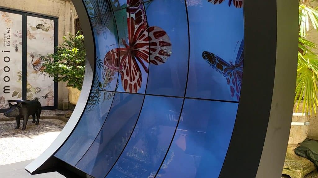 Imagens com borboletas, natureza nas telas OLED proporcionam o clima da exposição