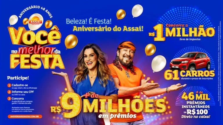 O Assaí Atacadista, para celebrar 48 anos de história, reúne a atriz Ingrid Guimarães e o músico e compositor Bell Marques.