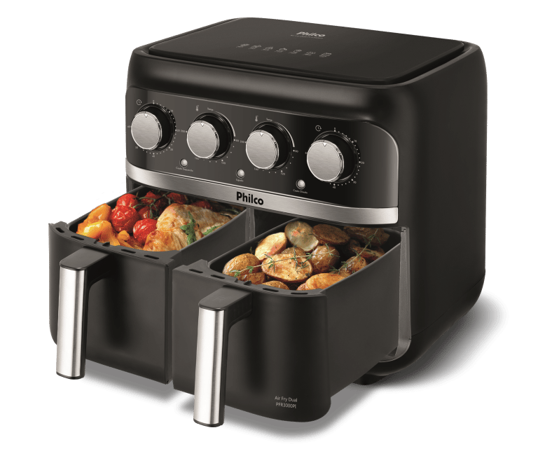 A Philco, raz mais uma novidade em sua premiada linha de air fryers: a fritadeira elétrica com cesto duplo Air Fryer Dual Philco PFR3000PI. 