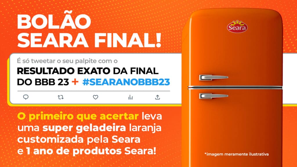 A Seara lançou em seu Twitter o Bolão Seara Final do Big Brother Brasil 2023, que termina hoje, dia 25 de abril.