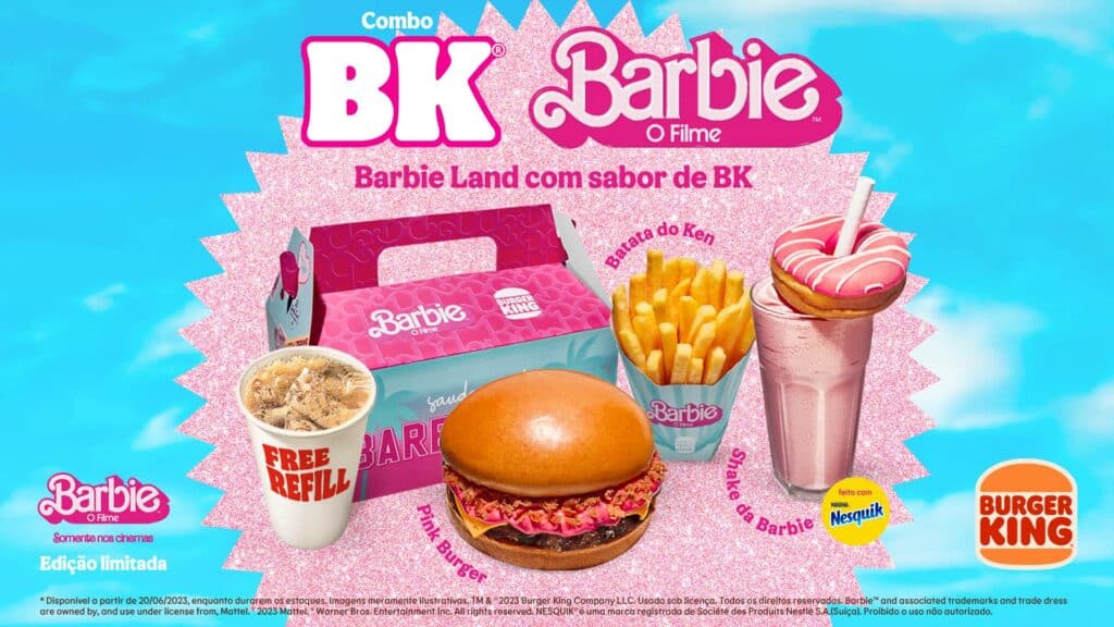 Burger King apresenta ações para “Barbie O Filme” com combo de lanche especial e transformação do restaurante na casa da boneca em São Paulo.