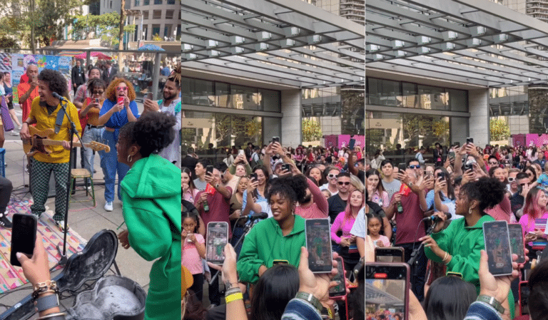 A cantora Iza foi vista cantando seu maior hit "Pesadão" na Avenida Paulista, em São Paulo, parte da campanha de Trident.