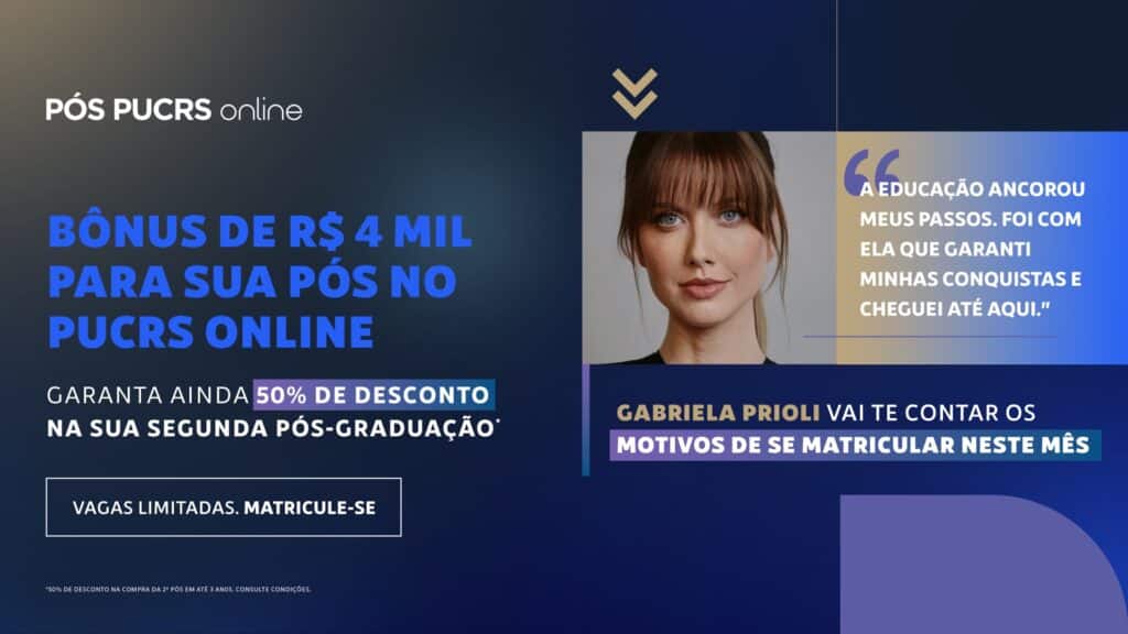 A PUCRS Online, com solução digital do UOL EdTech, lança nova campanha com participação da apresentadora e advogada Gabriela Prioli.