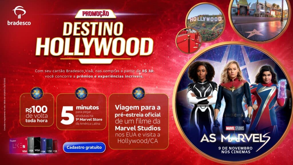 O Bradesco e Visa levarão clientes para uma pré-estreia oficial de um filme da Marvel Studios nos EUAção "Destino Hollywood".