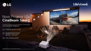 A LG apresentou o projetor CineBeam Smart, aparelho que permite ao usuário transformar diversos espaços em uma experiência cinematográfica.