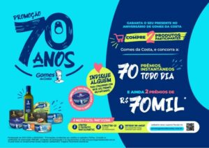 A Gomes da Costa estrou, no fim de janeiro, a promoção “70 anos Gomes da Costa", que distribuirá 70 prêmios instantâneos todos os dias.