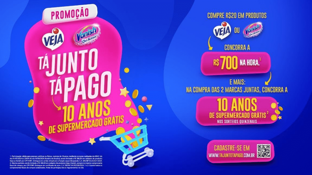A Reckitt Hygiene Comercial anuncia a campanha promocional "Tá junto, tá pago", que reúne as marcas Veja e Vanish.