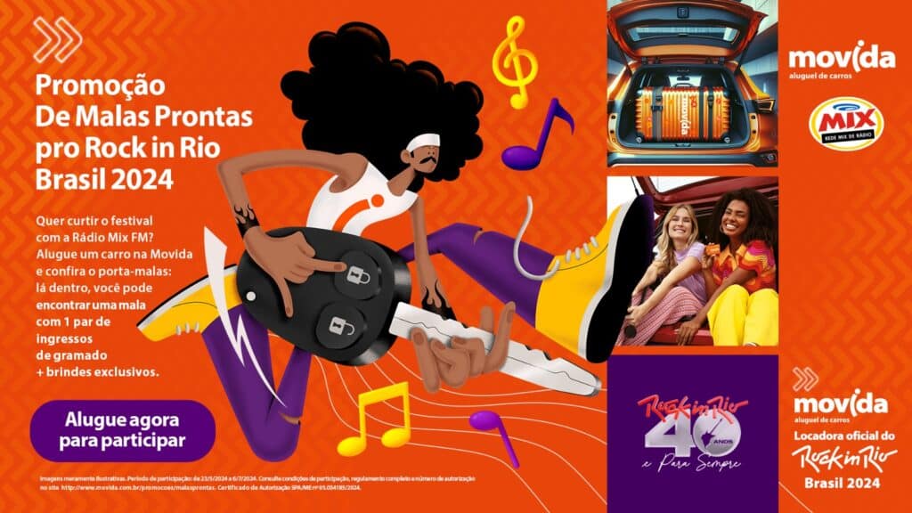 Movida estreia promoção "De malas prontas pro Rock in Rio Brasil 2024", que juntamente com a Rádio Mix, levará 20 ganhadores para o evento. 