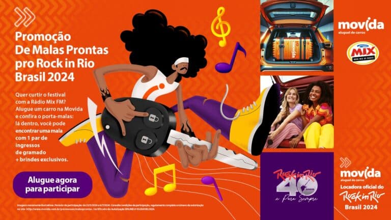 Movida estreia promoção "De malas prontas pro Rock in Rio Brasil 2024", que juntamente com a Rádio Mix, levará 20 ganhadores para o evento. 
