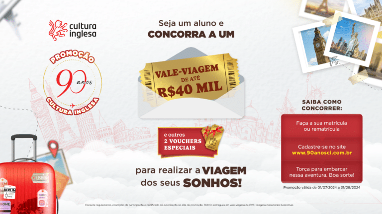 Cultura Inglesa sorteia vale viagens em ação de aniversário de seus 90 anos