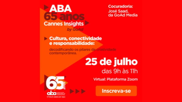 A ABA irá promover, em celebração aos seus 65 anos, o evento virtual "Cannes Insights, by GoAd", agendado para o dia 25 de julho de 2024. 