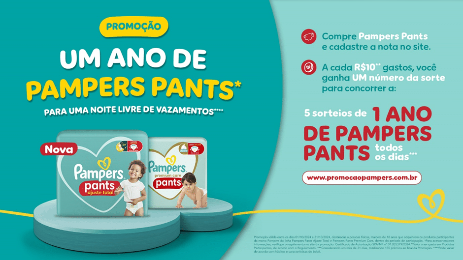 A Pampers lança a promoção 1 Ano de Pampers Pants, que oferece aos consumidores a chance de concorrerem a mais de 150 cartões vale-presente. 