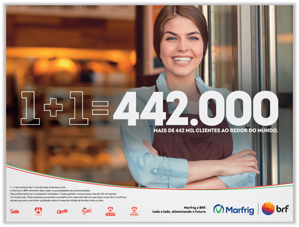 A Marfrig e a BRF lançam juntas a campanha "Lado a lado, alimentando o futuro", que destaca a complementaridade entre as duas empresas.