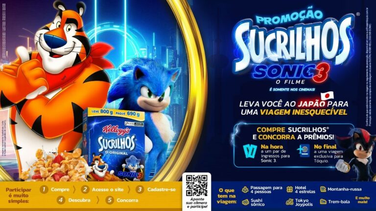 Parceria entre Sucrilhos e Sonic 3 sorteará viagem ao Japão e ingressos para o filme