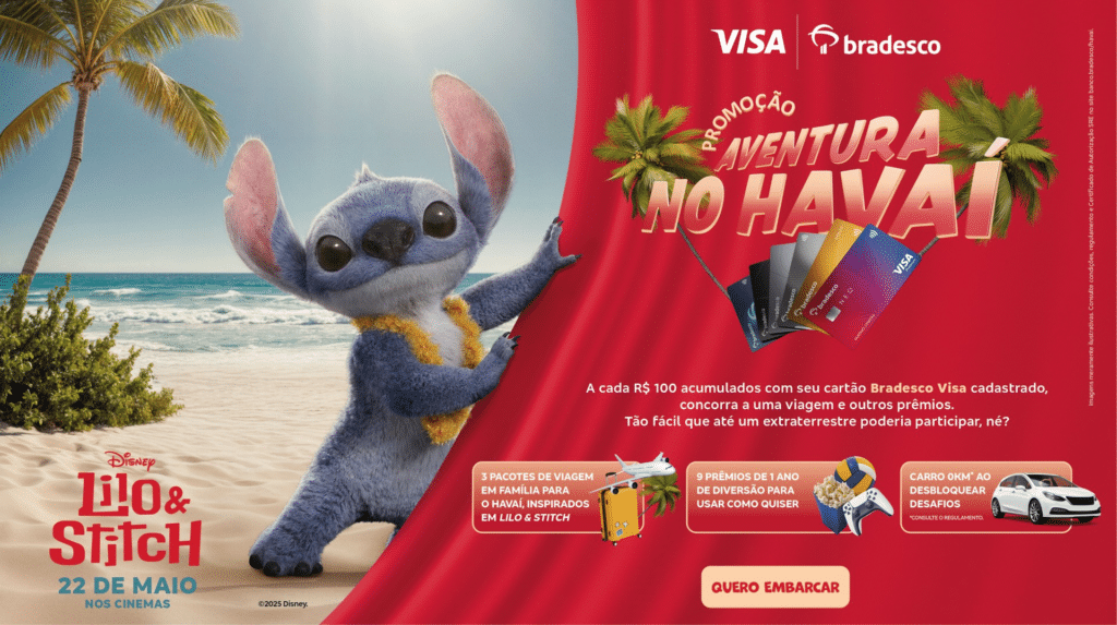 O Bradesco lança, para celebrar a estreia do live-action de Lilo & Stitch, que chega aos cinemas brasileiros, a promoção "Aventura no Havaí".