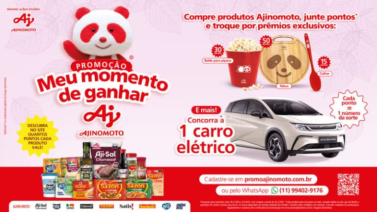 A Ajinomoto do Brasil lança a promoção nacional "Meu momento de ganhar Ajinomoto", válida até dia 02 de agosto de 2025.