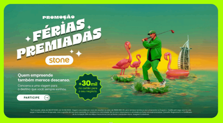 A Stone comunica o lançamento da promoção "Férias Premiadas Stone", iniciativa que vai presentear dois empreendedores com um merecido recesso.