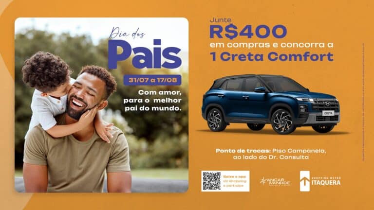 O Shopping Metrô Itaquera está com uma promoção especial para este Dia dos Pais, que irá sortear um carro 0km Creta Comfort da Hyundai.