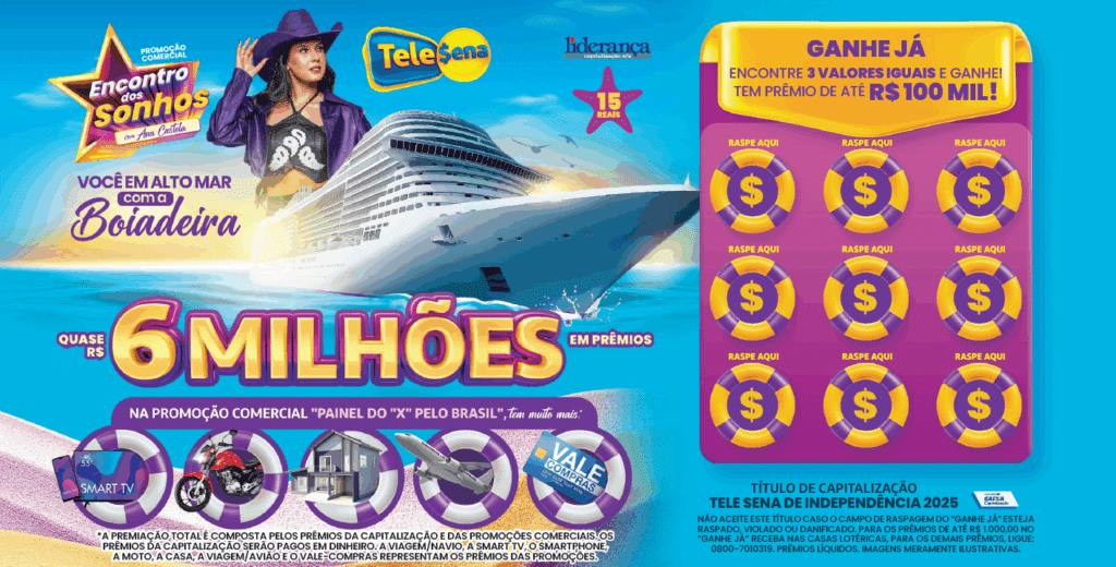 Quem adquirir a Tele Sena de Independência 2025, poderá ganhar uma viagem de cruzeiro com acompanhante no navio de Ana Castela. 