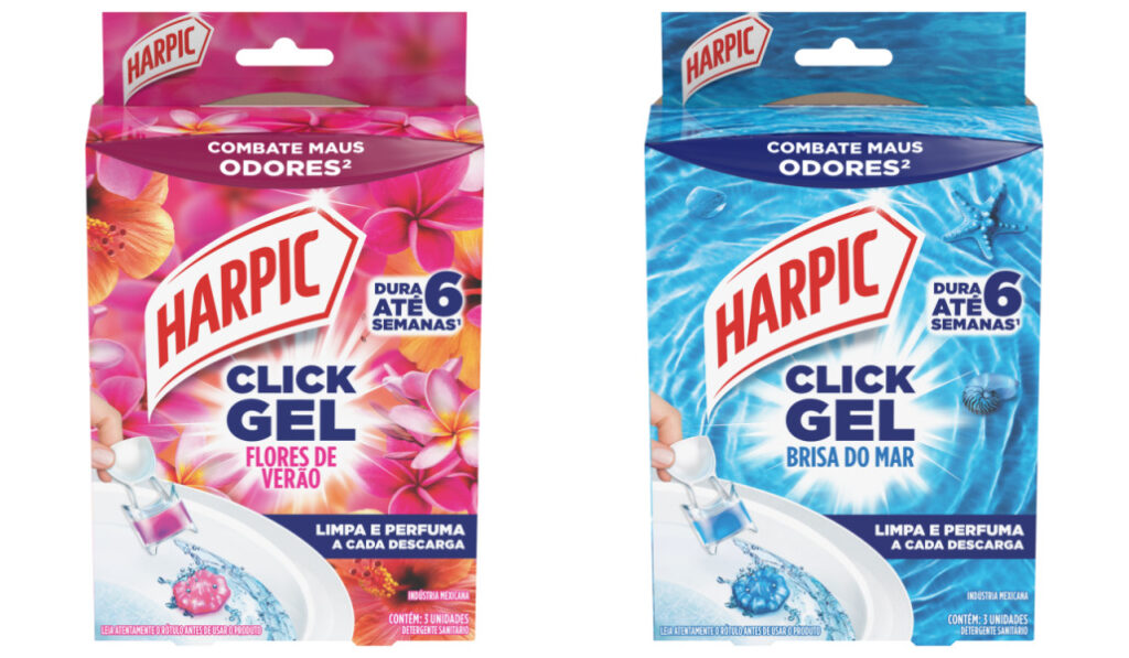 A Harpic apresenta o Harpic Click Gel, um novo formato de uso contínuo que une a eficácia da limpeza com a sofisticação da perfumaria.