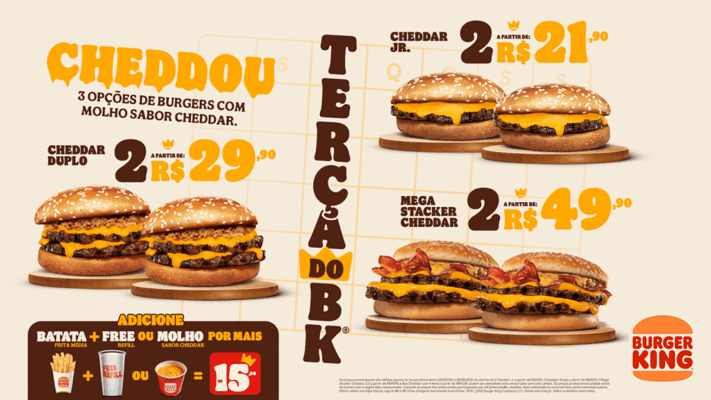 O Burger King estreia a "Terça do Cheddar", com grandes ofertas que prometem deixar a semana ainda mais saborosa.