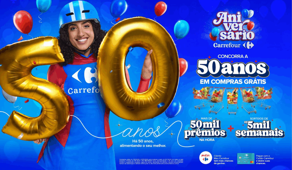 O Carrefour lança a promoção "50 Anos de Compras Grátis", considerada a maior já realizada pela companhia no Brasil.