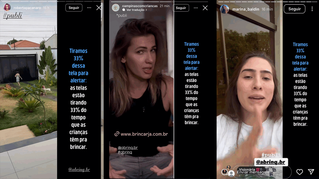 A ABRINQ ocultou 33% do espaço da tela de stories de creators para alertar que esta é a proporção que crianças gastam com eletrônicos.