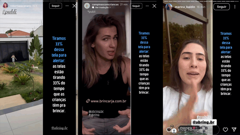 A ABRINQ ocultou 33% do espaço da tela de stories de creators para alertar que esta é a proporção que crianças gastam com eletrônicos.