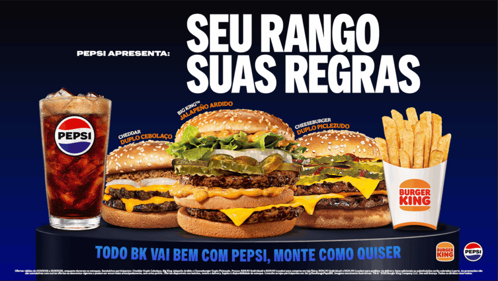 O Burger King se une à Pepsi para celebrar a liberdade dos consumidores de montarem seus pedidos do jeito que quiserem.