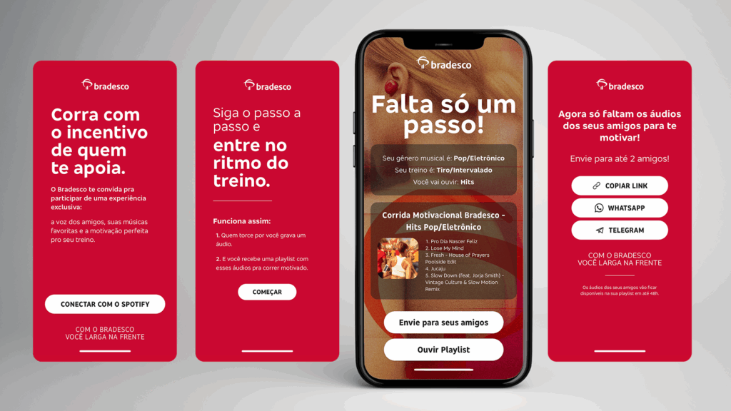 Em parceria com o Spotify, o Bradesco acaba de apresentar a campanha "Playlist de corrida motivacional Bradesco".