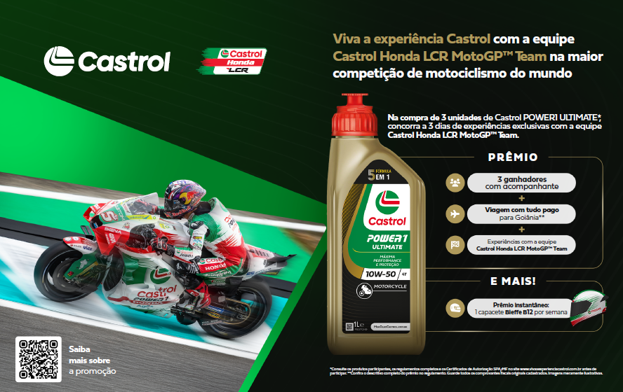 Promoção da Castrol oferece experiência exclusiva com equipe da MotoGP, viagem paga e prêmios semanais para motociclistas.