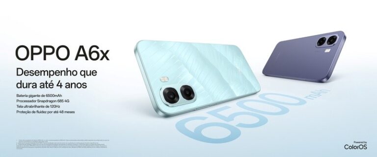 OPPO A6x chega ao Brasil com bateria de 6.500 mAh e recursos de IA