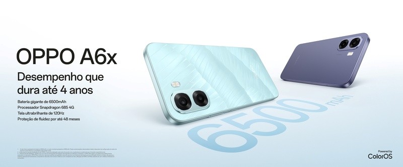 OPPO A6x chega ao Brasil com bateria de 6.500 mAh e recursos de IA