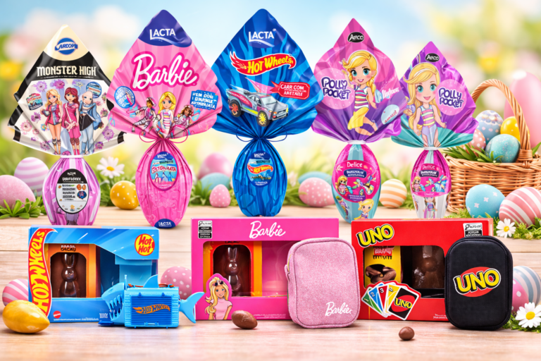Mattel lança ovos de Páscoa 2026 com Barbie, Hot Wheels, Polly Pocket, Monster High e Uno em parcerias com Mondelez, Arcor e Ri Happy.