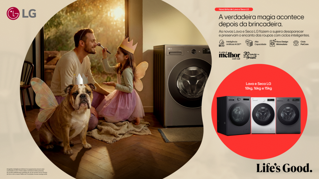 LG apresenta nova linha Lava e Seca com campanha digital estrelada por bulldog e foco em alta capacidade em tamanho compacto.