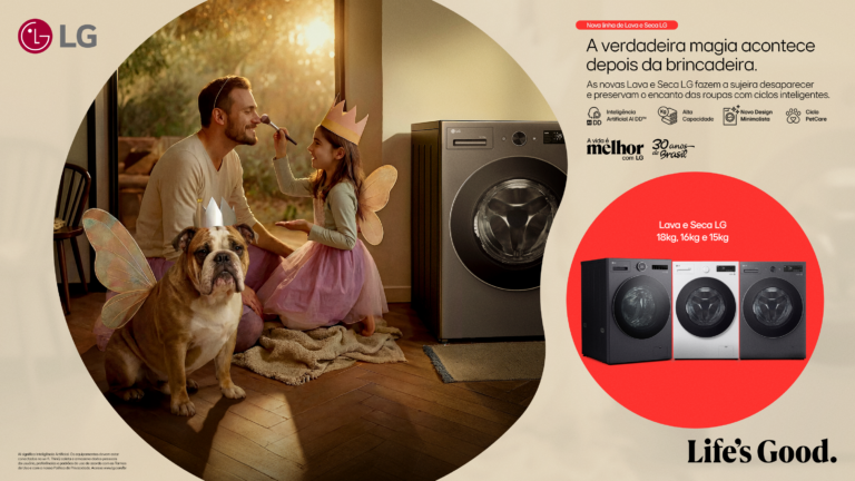 LG apresenta nova linha Lava e Seca com campanha digital estrelada por bulldog e foco em alta capacidade em tamanho compacto.