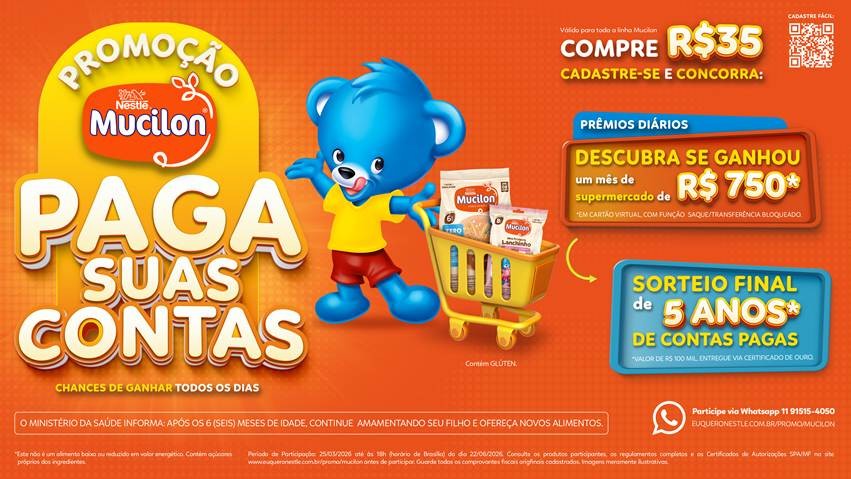 Mucilon lança promoção nacional com mais de R$ 300 mil em prêmios, incluindo vale-brindes e sorteio final de R$ 100 mil.