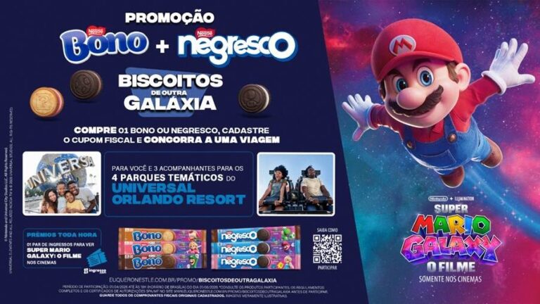 Nestlé lança promoção com Bono e Negresco inspirada em Super Mario, com prêmios que vão de ingressos a viagem para Orlando.