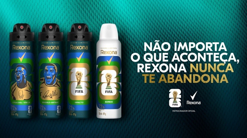 Ronaldo e Vini Jr. em latas colecionáveis da Rexona para a Copa do Mundo 2026