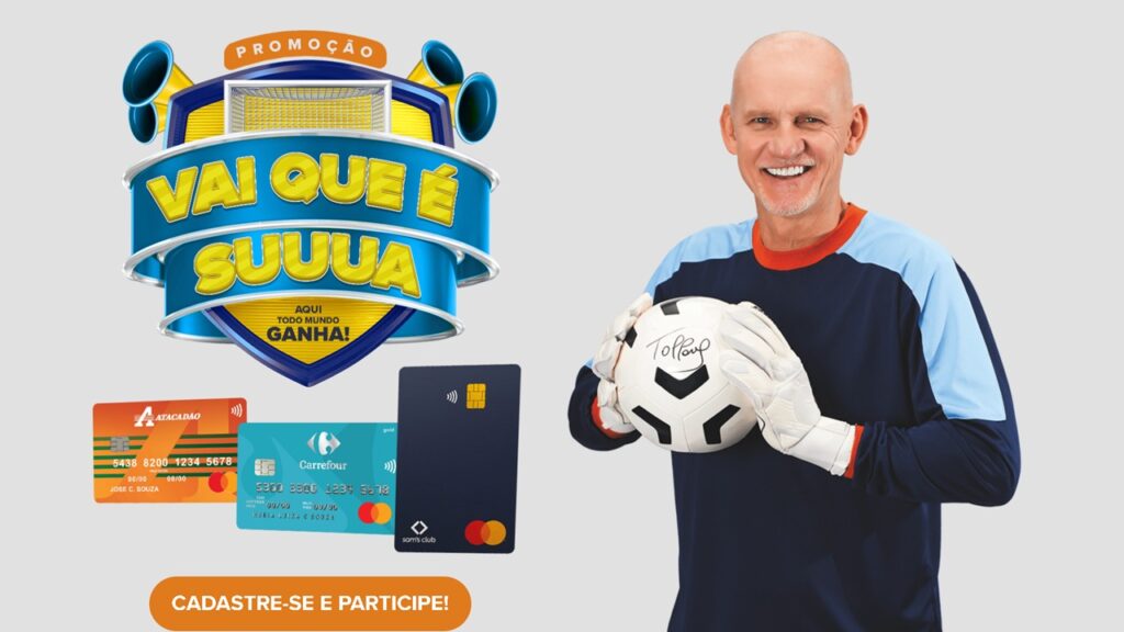 Banco Carrefour une cartões Atacadão, Carrefour e Sam’s Club em campanha com Taffarel e premiação de até R$ 100 mil.