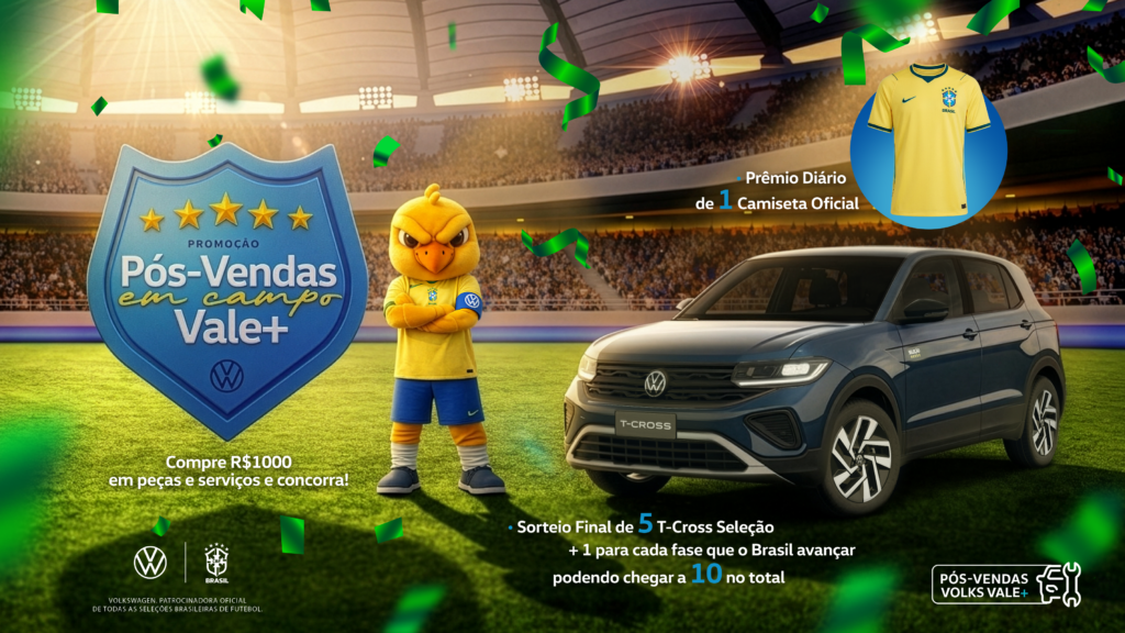 Volkswagen promove campanha no pós-venda com sorteios diários de camisetas da Seleção e até 10 unidades do T-Cross Seleção.
